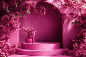 a pink room with flowers and a window photo