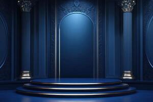 an empty room with blue walls and columns photo