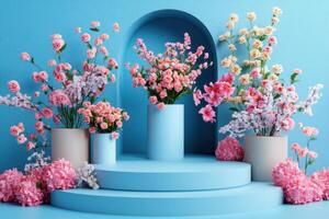 three vases with pink flowers on a blue background photo