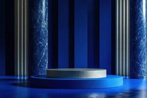 a blue room with columns and a pedestal photo