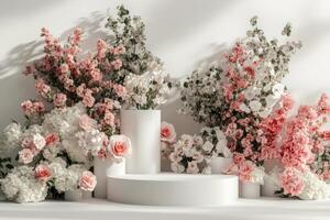 a white table with flowers in it photo