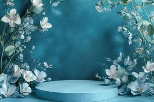 blue background with flowers and a pedestal photo