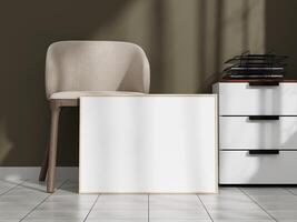 Framed poster mockup with minimalist design on the floor, surrounded by neutral-toned furniture and organized drawers. photo