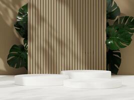 White podiums arranged in a modern layout, surrounded by a beige wall and lush green leaves, creating a stylish setting. photo
