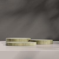 Three wooden podiums set in a triangular arrangement with a subtle gray background. photo