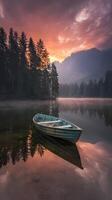 Tranquil sunset over the lake with reflection of wooden boat. photo
