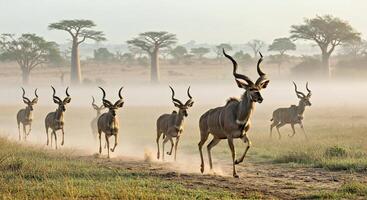 A herd of antelope running across a field photo
