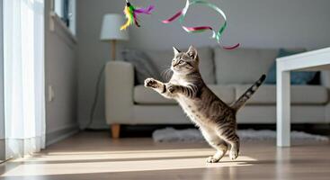 A cat playing with a string toy in a living room photo
