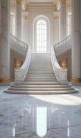 A marble staircase in a large room with columns photo