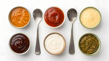 Set of Different Sauces with Spoons Top View photo