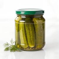 Jar of Pickled Cucumbers Gherkins on White photo