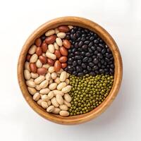 Assorted Beans and Peanuts in Rustic Wooden Bowl photo