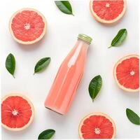 Pink Grapefruit Halves and Juice in a Bottle photo