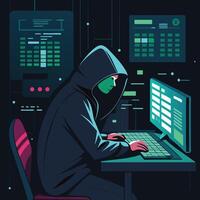 Hacker in hoodie exploiting system vulnerabilities cyber attack computer programmer at work vector