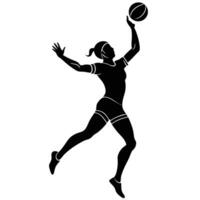 Female volleyball player silhouette in dynamic jump action preparing to spike the ball during competition vector