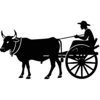 Black silhouette of an ox cart driven by a farmer on a plain white background vector