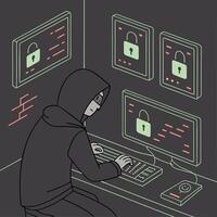 Anonymous hacker in hoodie hacking system with security padlock illustration vector