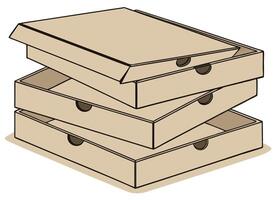 Stack of brown pizza boxes with open lid flat cartoon style vector