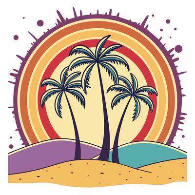 Retro tropical landscape featuring palm trees against a colorful sunset design