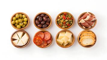 Assortment of Small Bowls with Various Appetizers photo