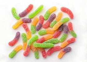 Top View Gummy Worms Isolated on White Background photo