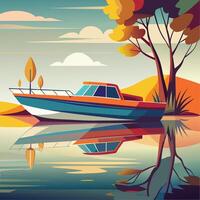 Tranquil autumn lake scene with reflected boat and tree silhouette vector