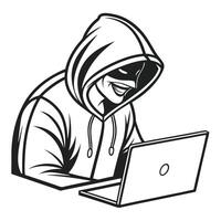 Hacker in hoodie with laptop outline design for cyber security illustrations vector