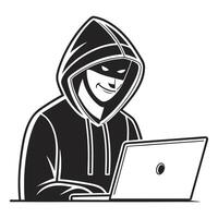 Anonymous hacker in hoodie using laptop illustration black and white style vector