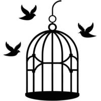 Black and white illustration of birds flying around an empty birdcage simple design vector