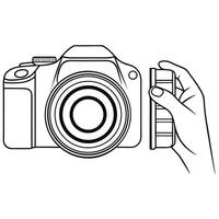 Outlined digital camera with hand holding a lens module for professional photography vector