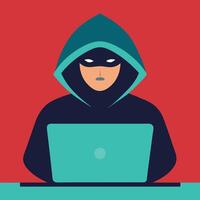Hacker with laptop threatens cybersecurity system and data privacy on red background vector