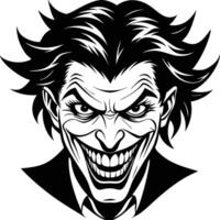Evil clown face illustration with menacing smile in black and white vector