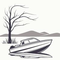 Monochrome illustration of speedboat in lake reflecting near tree and mountains vector