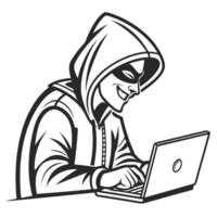 Hacker with mask in hoodie typing on laptop computer monochrome illustration style vector