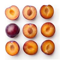 Fresh Juicy Plum Slices Isolated on White Background photo
