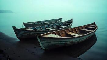 Three Weathered Wooden Boats at Dawn on a Misty Lake photo