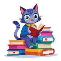 Cute cartoon cat reading a book sitting on colorful stack of books vector