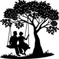 Romantic silhouette of a couple on a swing under a tree illustration vector