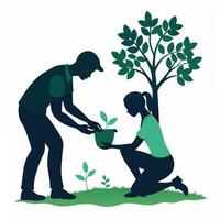 People planting tree sapling together reforestation ecological project illustration vector