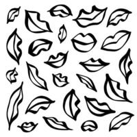Monochrome linear lips and smiles drawing set vector