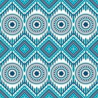 Seamless turquoise and navy ethnic pattern with intricate mandalas and geometric elements on white background. Perfect for textiles, home decor, fashion, and digital designs requiring bohemian. vector