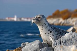 Seal resting on rocks by the coastline with a serene ocean backdrop on a sunny day photo