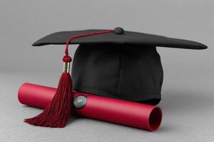Graduates celebrate achievements with a cap and diploma displayed on a gray background photo