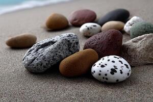 Different types of smooth stones arranged on sandy beach near water's edge photo