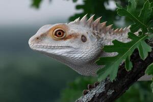 Lizard resting on a branch surrounded by green leaves in a natural setting photo