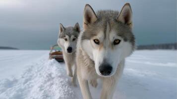 Wolves pulling a sled across a snowy landscape during a cold winter afternoon photo