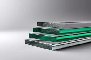 Glass and metal sheets stacked in a modern workspace showcasing industrial materials photo
