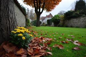 Fall garden with yellow flowers and fallen leaves in a tranquil setting during autumn afternoon photo