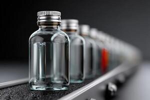 Glass bottles moving along a production conveyor belt in a factory setting at dusk photo