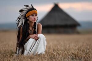 Cultural portrait of a young woman in traditional attire seated in a field near an ancient dwelling photo